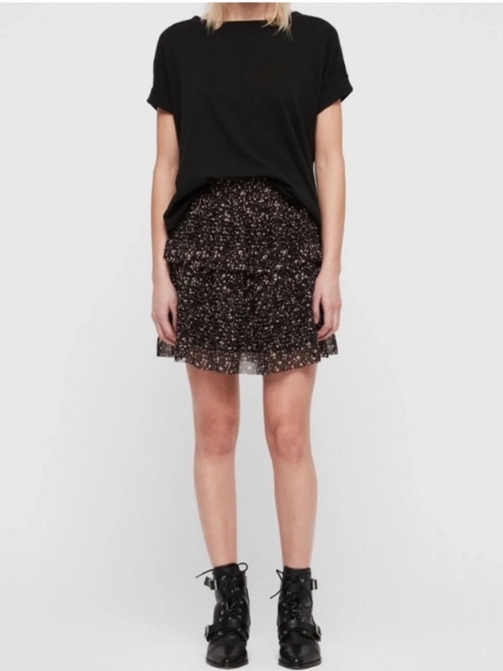 All Saints Sanse Pepper Floral Tiered Ruffle Mini Skater Skirt Black Pink, Small